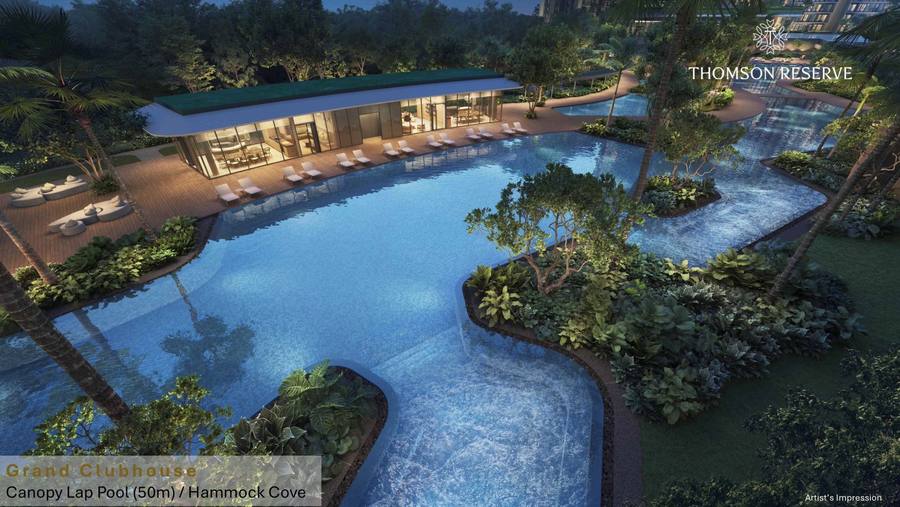 Official developer rendering of Thomson Reserve's Grand Clubhouse 50m canopy lap pool and hammock cove
