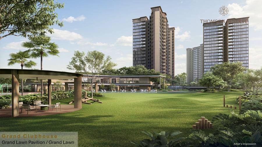 Official developer rendering of Thomson Reserve's Grand Clubhouse lawn pavilion and grand lawn