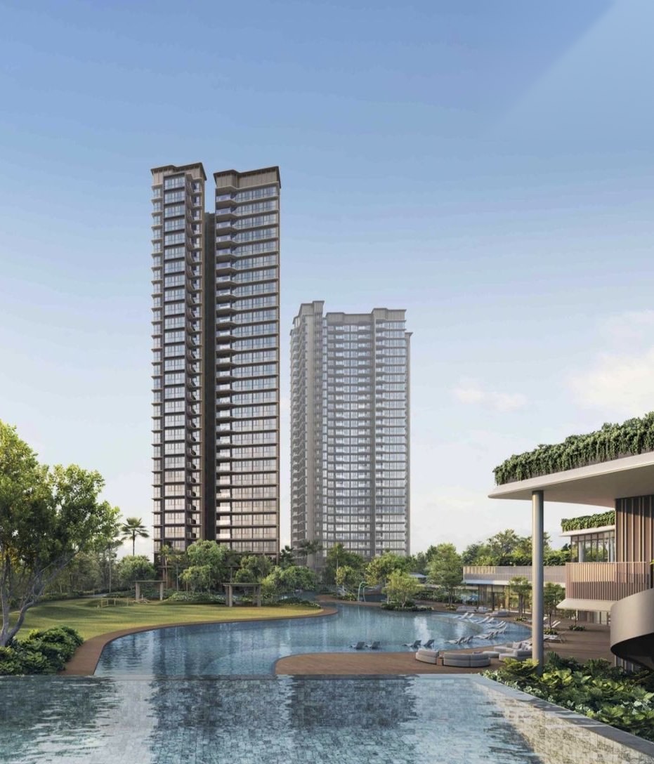 Official developer rendering of Thomson Reserve's Island Club inifinity lap pool with residential towers in the background