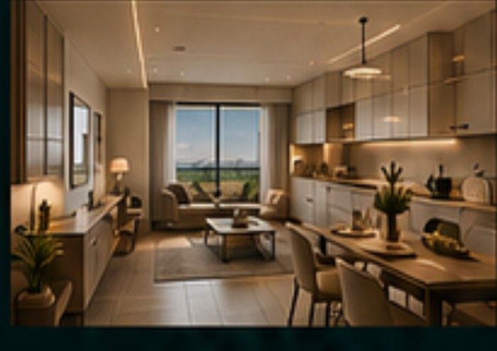 Interior of a two-bedroom home showing a dining area beside full-height windows