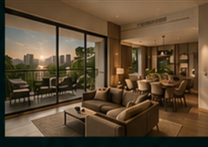 Interior of a five-bedroom home with a large living area and greenery views